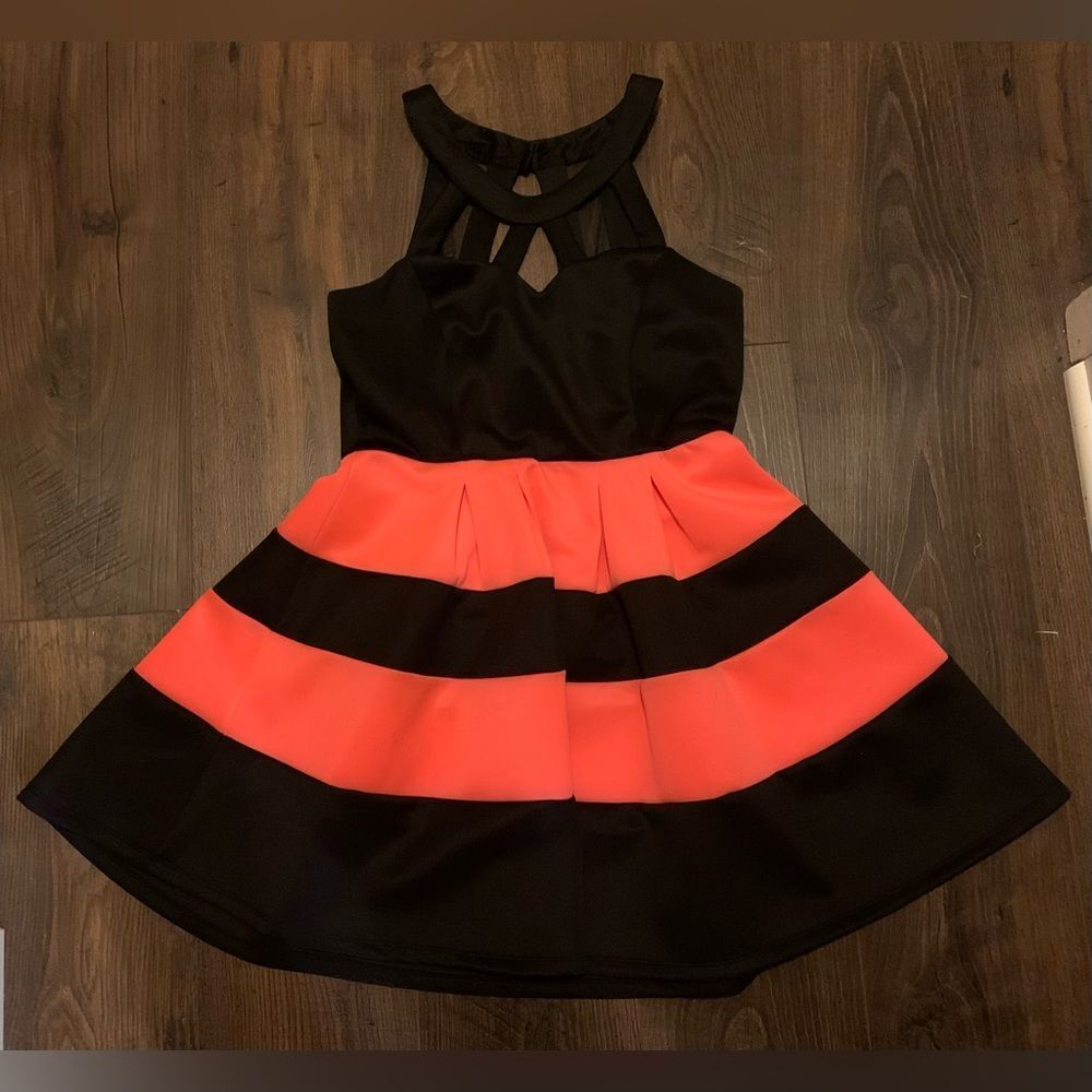 Junior's Pink and Black Striped Homecoming Dress
